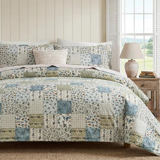 Blue Floral Duvet Cover Set Twin Size 100% Cotton Botanical Patchwork Vintage Bedding Quilt Cover All Season 2 Pieces Soft Lightweight Comforter Cover