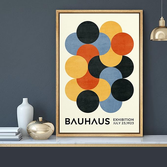 MUDECOR Framed Canvas Print Wall Art Geometric Colorful Circle Bauhaus Polygon Abstract Shapes Illustrations Fine Art Mid-Century Modern Multicolor for Living Room, Bedroom, Office - 24"x36" Natural