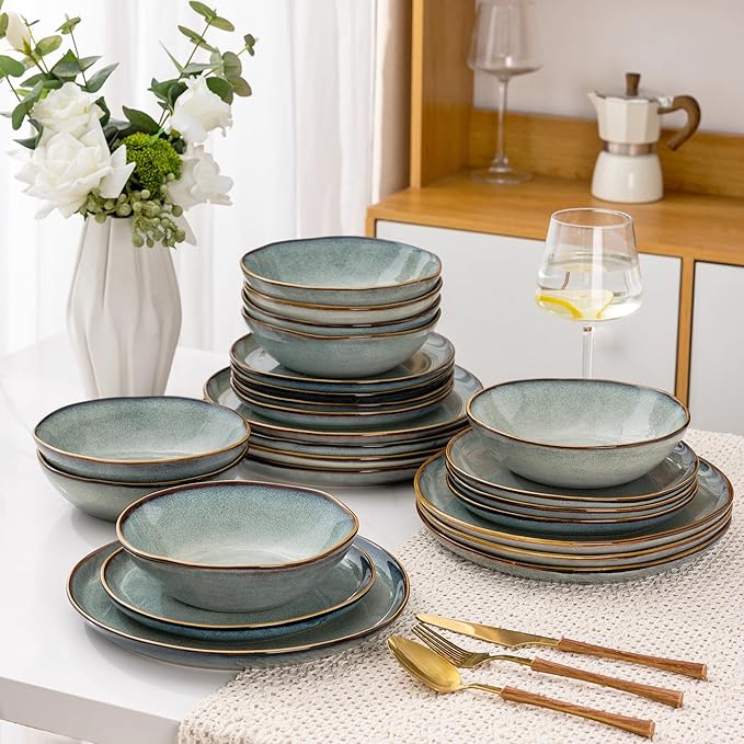AmorArc Ceramic Dinnerware Sets,Handmade Reactive Glaze Stoneware Plates and Bowls Sets with Mugs,Highly Scratch Resistant | Dishwasher & Microwave Safe Dishes Set,Service for 4(16 Pcs)