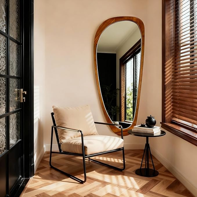 Asymmetrical Mirror, 48"x22" Irregular Mirror Full Length, Wood Wall Mirror for Bathroom Bedroom Living Room Entryway Hallway, Mid Century Modern Decor (Natural Wood)