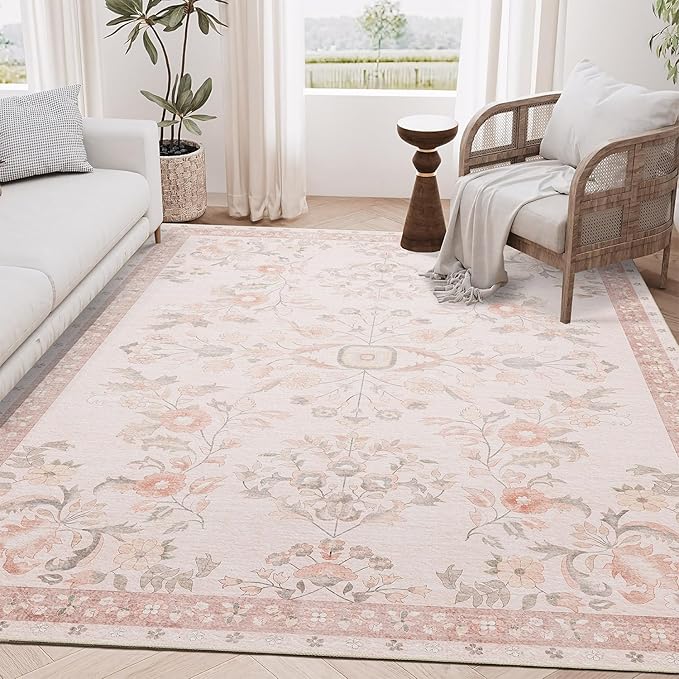 MUJOO 5x7 Area Rugs Washable,Pink Floral Rugs for Living Room Bedroom Dining Room Playroom,Boho Indoor Floor Rug Large Non Slip Throw Carpet Low Pile Vintage
