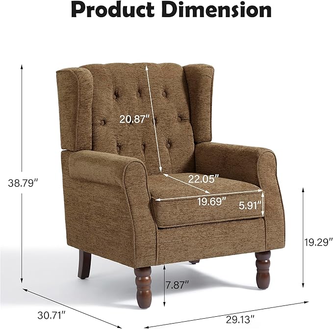 Mid-Century Modern Wingback Chair - Plush Upholstered Accent Armchair with Solid Oak Legs, Ergonomic High Back Lounge Chair for Living Room, Bedroom & Office - Retro Modern Reading Chair Creamy Brown