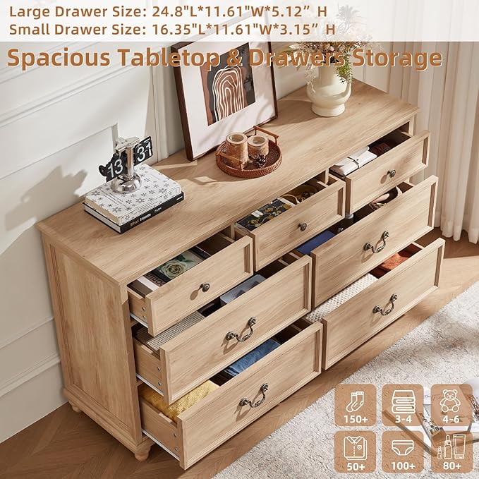 Farmhouse 54" 7 Drawers Dresser for Bedroom, Wide Wood Chest of Drawers w/ 4 Wooden Legs, Vintage Rustic Large Closet Storage Dressers Organizer for Hallway, TV Stand for Living Room, Natural