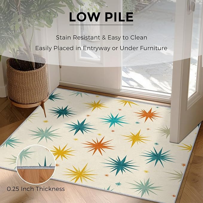 Mid Century Modern Rugs for Living Room Decor, 4x6 ft, Retro Starburst Atomic Area Rugs for Bedroom, Soft Non Slip Washable Geometric Sunburst Carpet Home Decorations D-g48