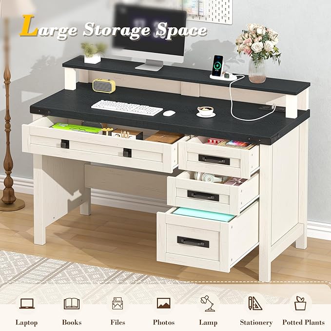 YOMILUVE Farmhouse Computer Desk with Drawers, 47" Small Computer Desk with Power Outlets, Home Office Desk with Monitor Stand & 4 Drawers, Writing Study Table, Black & White