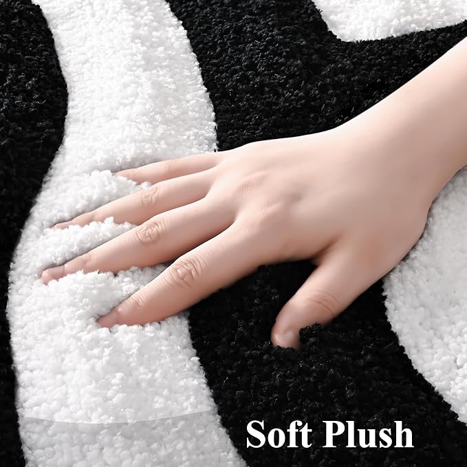 QJHOMO Black and White Cute Bathroom Rugs Non Slip Bath Mat Modern Aesthetic Bathroom Decor, Geometric Striped Bath Rug Fluffy Floor Mats, Thick Microfiber Carpet Machine Washable (20x32 inch)