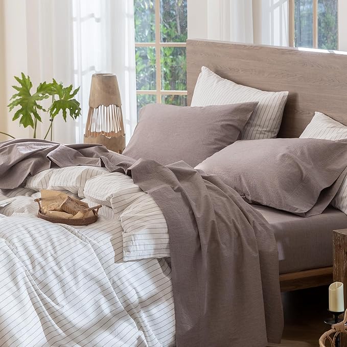 MooMee Bedding Sheet Set 100% Washed Cotton Linen Like Textured Breathable Durable Soft Comfy (Heathered Mauve Brown, Full)