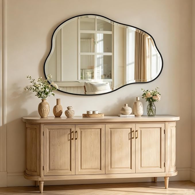 POZINO Irregular Beveled Mirror, 42"x28" Asymmetrical Vanity Wall Mirror with Metal Frame, Organic Shape Mirrors for Entryway Bathroom Living Room Bedroom Hallway, Horizontal or Vertical Hanging