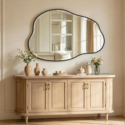POZINO Irregular Beveled Mirror, 42"x28" Asymmetrical Vanity Wall Mirror with Metal Frame, Organic Shape Mirrors for Entryway Bathroom Living Room Bedroom Hallway, Horizontal or Vertical Hanging