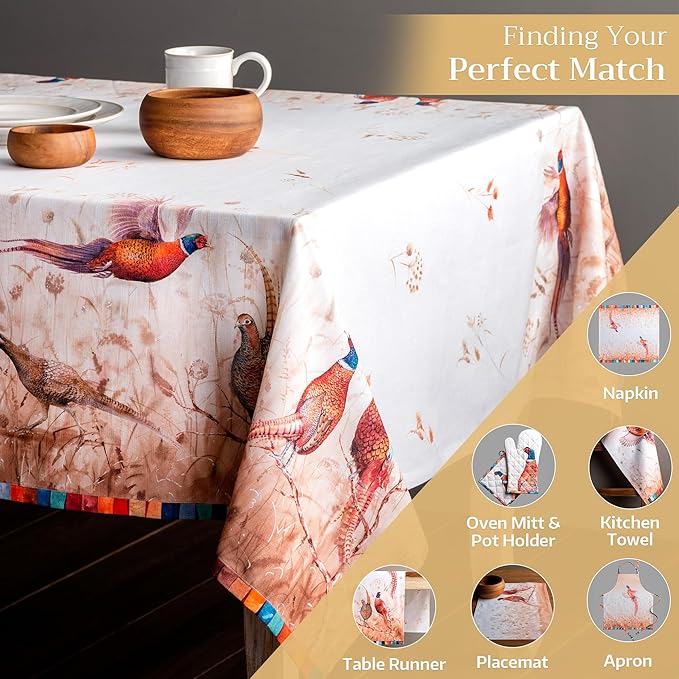 Maison d' Hermine Table Cloth Square Table 100% Cotton 60 x 60 Inches Fall Tablecloth Reusable Everyday Use for Thanksgiving Christmas Decorations Dining Farmhouse Party (Faisan D'Automne)