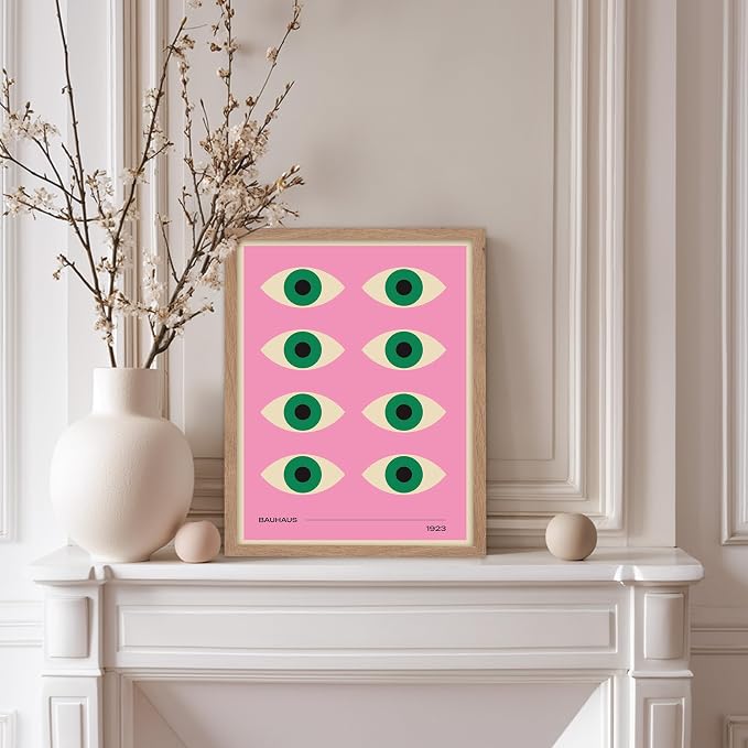 Poster Master Bauhaus Poster - Green Eyes Print - Graphic Design Art - Geometric Art - Chic Boho Art - Mid Century Modern Art - Abstract Art - Living Room or Bedroom Decor - 11x14 Beige Framed