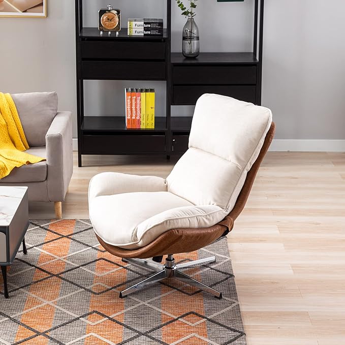 DUOMAY Swivel Accent Chair Set of 2, Modern Linen Soft Foam Lounge Chair with High Back, Comfy Rocker Chair for Living Room Bedroom Reading Room Office, Tilt & Swivel, Chrome Base, Beige