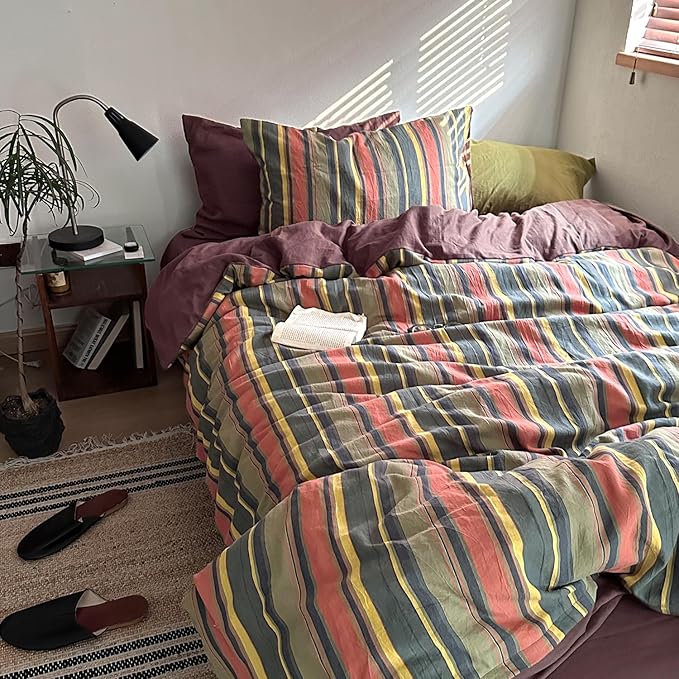 mixinni Vintage Striped Duvet Cover Set Twin XL Size - 3 Piece 100% Washed Cotton Bedding Set, Soft & Breathable,Colorful Striped Pattern Printed Comforter Cover for All Seasons