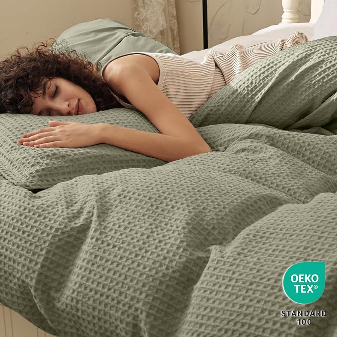 PHF Waffle Duvet Cover Set Queen Size, No Snagging Ultra Soft Luxury Textured Breathable Comforter Cover for All Season 3pcs, Durable Bedding Duvet Set with 2 Pillow Shams, 90"x90", Dusty Sage