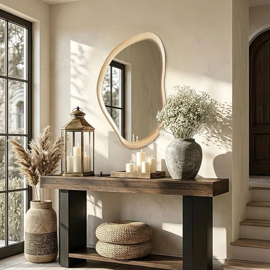 Irregular Wall Mirror with Wood Frame, 35" x 24" Natural Wood Asymmetrical Mirror, Decorative Mirrors for Bedroom Living Room Entryway Hallway Cloakroom, Shatterproof, Horizontal/Vertical