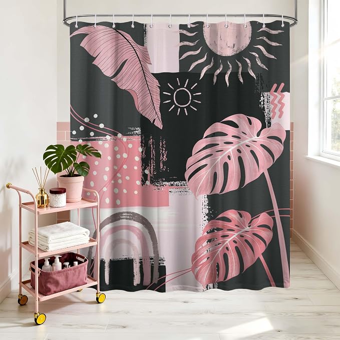 Small Stall Narrow Shower Curtain Pink and Gray Stand Up Abstract Grey Bohemian Shower Curtains for Rv Camper Bathroom Decor Sets, Waterproof Cloth Fabric with Hooks, 48 x 72 Inch