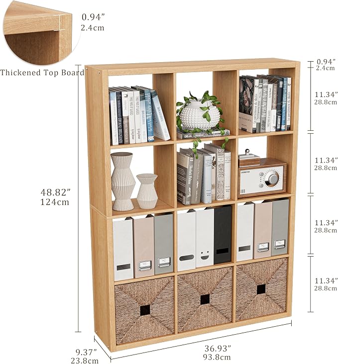 VDNEND Cube Storage Organizer Bookcase, Decorative 11 inch Open Back Cubical Shelf with Thickened Border, Display Bookshelf for Living Room, Home Office, Sturdy Room (Natural Oak, 12 Cube)