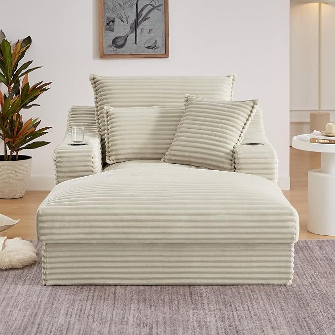 67" Oversized Chaise Lounge Chair Indoor, Boneless Cloud Couch with 3 Pillows, 2 Side Pockets and 2 Cup Holders, Corduroy Sleeper Sofa Bed for Living Room Bedroom Reading Nook - Camel