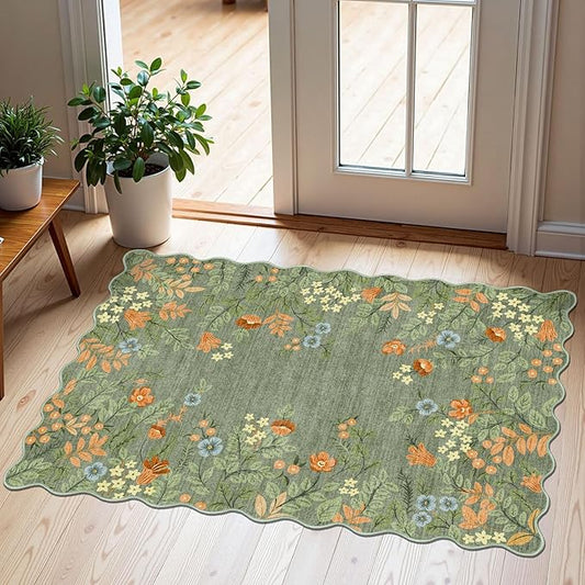 Front Door Mat Outside Entrance - 2x3 Spring Green Sage Floral Non-Slip Washable Doormat Indoor Outdoor Mat Boho Vintage Entry Rug Small Throw Rugs for Entryway Kitchen Front Porch Decor