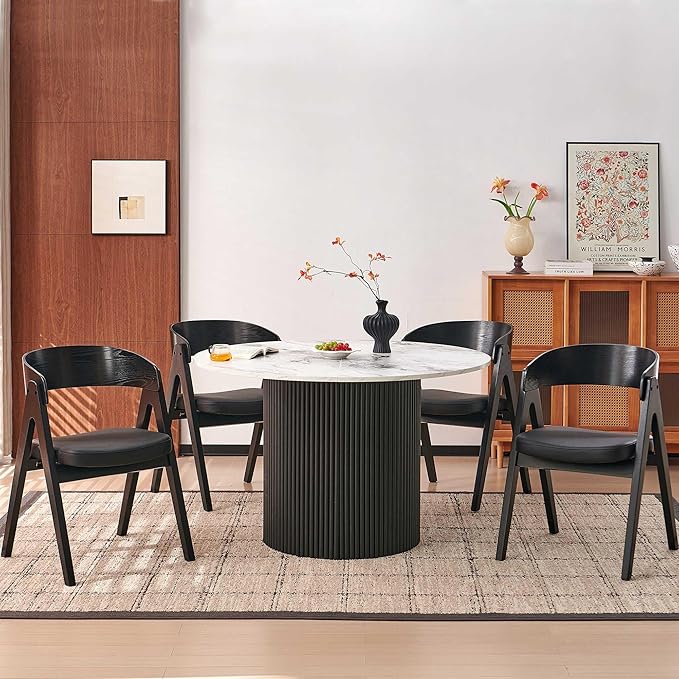 Howtek 47″ Round Dining Table Set for 4-6 People, 5 Piece Modern Kitchen Table with Faux White Marble Wood Grain Finish & 4 PU Leather Upholstered Dining Chairs（Curved Backrest & Solid Wood Legs ）
