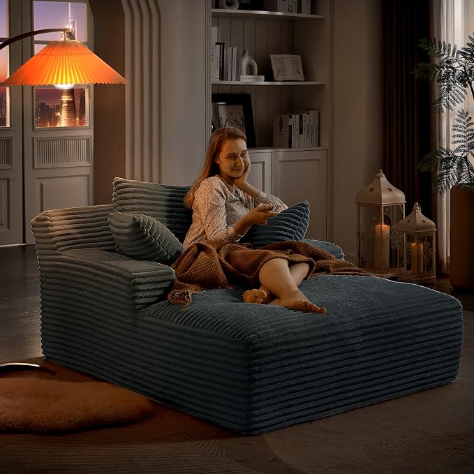 50" Chaise Lounge Chair Indoor, Oversized Corduroy Lazy Sofa Bed Sleeper Chair with 3 Pillows & Spring Cushion, Boneless Couches for Living Room Apartment, Dark Grey