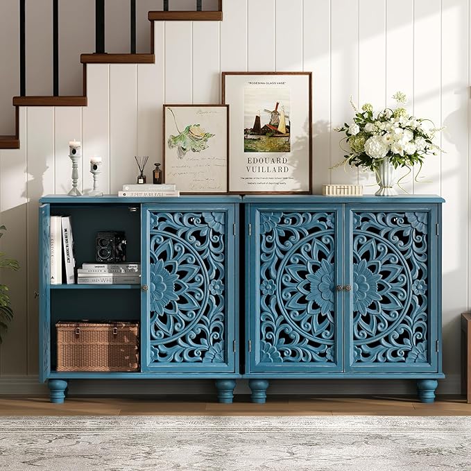 Blue Accent Cabinet with Carved Doors, 31" Storage Cabinet for Entryway & Living Room, Vintage Sideboard Buffet Table with Adjustable Shelf, Solid Wood Legs, Boho Home Decor