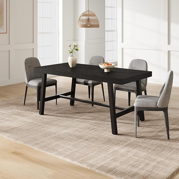 GarveeHome Industrial Dining Table for 4-6 People, 63" Long Wooden Kitchen Table with Sturdy Metal Frame & Black Finish - Seats 4 Rectangular Counter for Dinner, Kitchen, Dining Room - Black