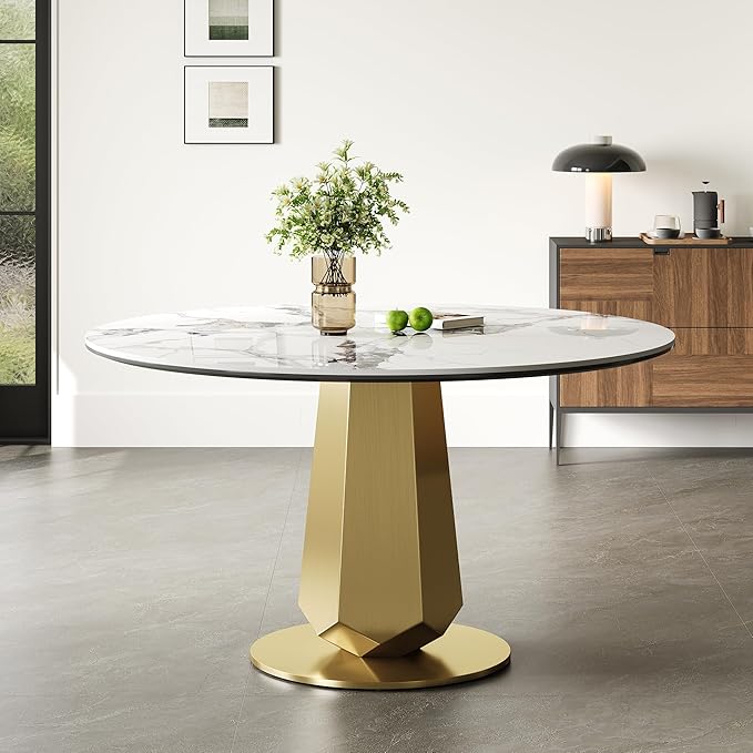 Montary 53” Luxury Round Dining Table with Sintered Stone Top, Modern Kitchen Table for 4-8 People, Gold Stainless Steel Base & Easy Assembly, Artificial Marble Dining Room Table for Home