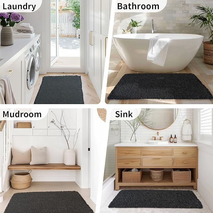 Black Bathroom Rug - Waffle Bath Mat Non Slip Washable, Super Absorbent & Quick Dry, Boho Bath Mat Farmhouse Bathroom Decor, 20'' x 48'', Black