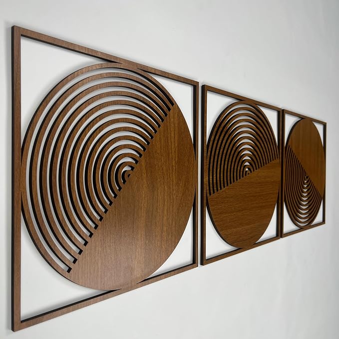 Round Boho Wall Art Wood Decor, Set of 3 Mid Century Modern Wood Wall Decoration, Aesthetic Wall Decor, Large Living Room Wooden Wall Art