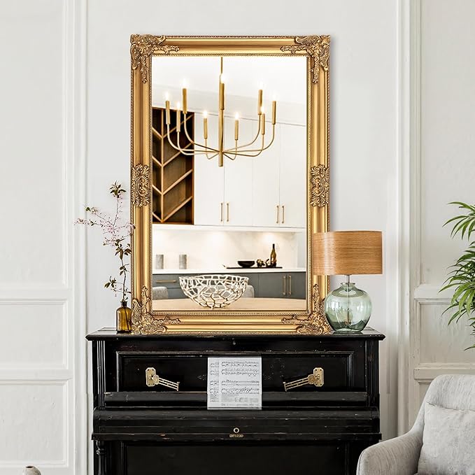 Vintage Gold Mirror for Wall, 30"x45" Antique Decorative Baroque Mirror with Imitation Metal Frame, Ornate Decorative Wall Mirror Decor for Entryway, Fireplace, Living Room, Hallway
