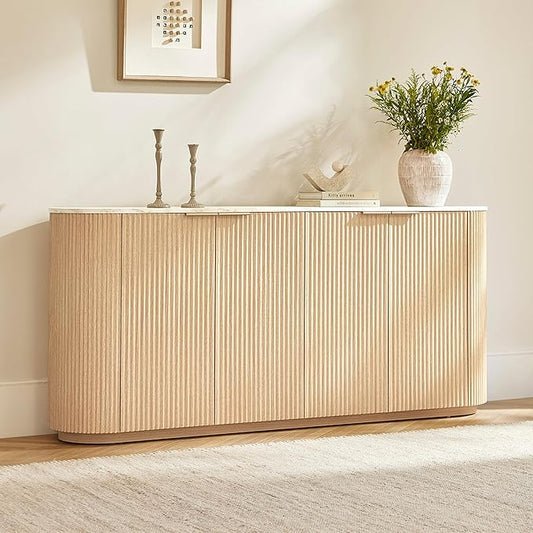CHITA 70" Sideboard Buffet Cabinet with Storage, Fluted Cabinet with Doors and Adjustable Shelves, Natural Oak - Faux Marble