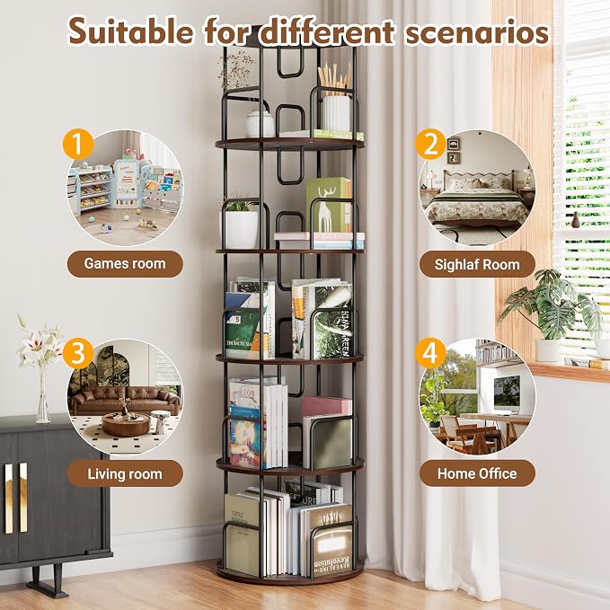 YZU Rotating Bookshelf 5 Tier 360 ° Display Spinning Bookshelf Tower, Revolving Bookcase Narrow Space Saving Swivel Book Shelf Corner Storage Organizer for Bedroom, Living Room Corner, Office (Brown)