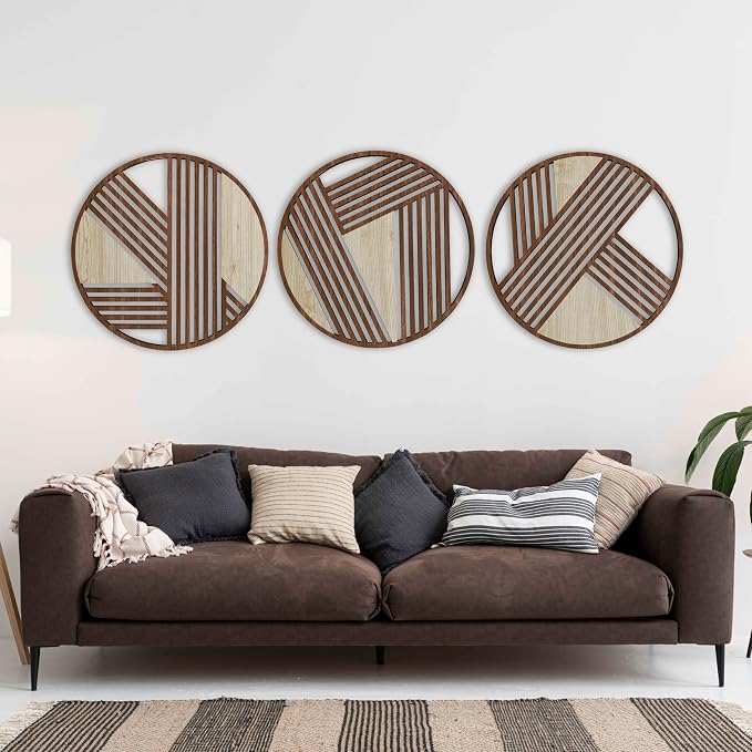 Round Art Deco Wood Wall Art, Geometric Wood Wall Decor, Abstract Lines Wooden Wall Art, Large Round Wooden Wall Panels, Home Decor Gift