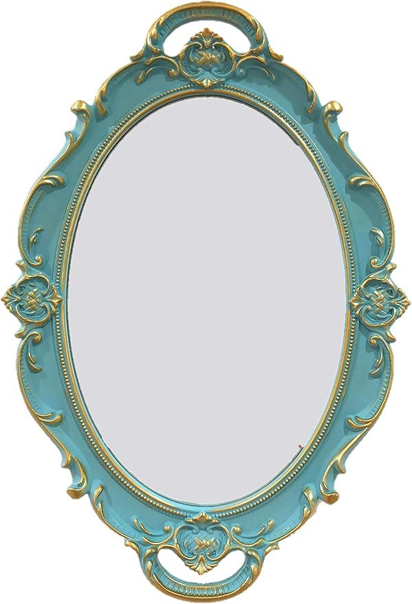 Oval Vintage Decorative Mirror Tray, Jewelry Dresser Organizer Tray, Cosmetics Makeup Storage Organizer, Serving Tray (9.8”x 14.6”) Blue