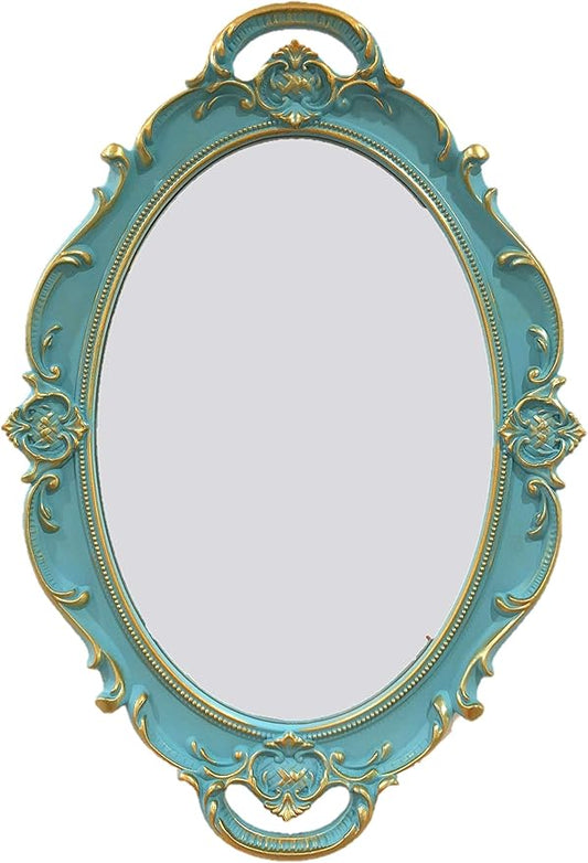 Oval Vintage Decorative Mirror Tray, Jewelry Dresser Organizer Tray, Cosmetics Makeup Storage Organizer, Serving Tray (9.8”x 14.6”) Blue