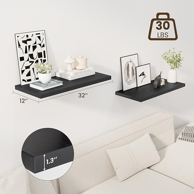 Dreamland 30" Floating Shelves for Wall, 12" Deep Slim Black Floating Shelves, Wall-Mounted Shelves for Bedroom, Living Room, Kitchen, Bathroom - Set of 2