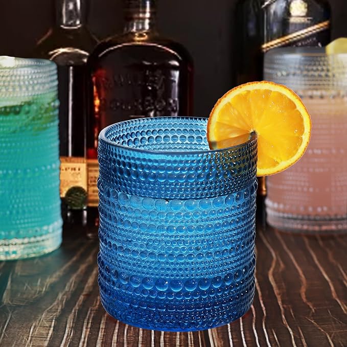 Vintage Hobnail Drinking Glass Set of 8 - 12 oz Highball & 10 oz Cocktail Tumblers for Whiskey, Juice, Milk