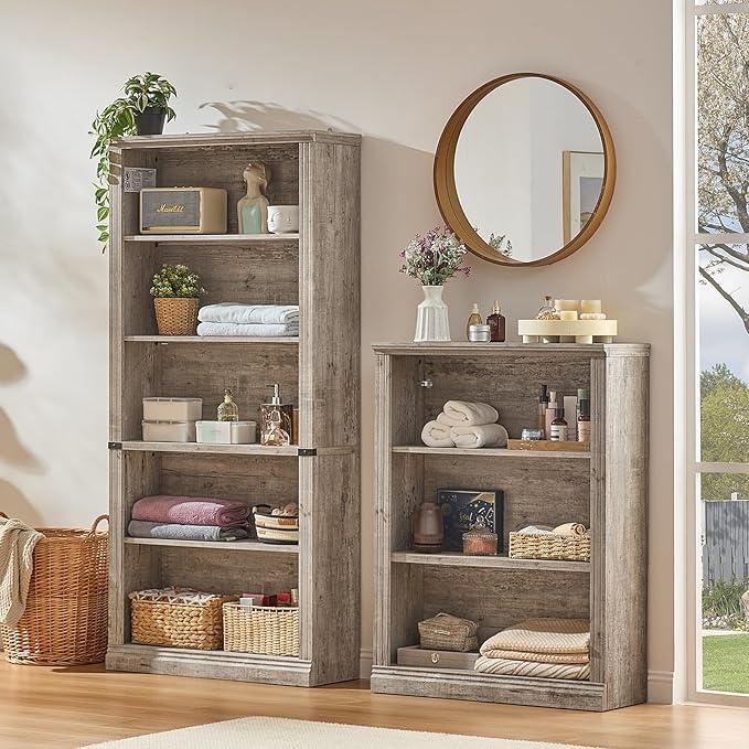 43" Grey Tall Bookshelf,3-Tier Thick Wooden Book Shelf with Adjustable Shelves,Free Standing Farmhouse Bookcase with Open Display Storage,Floor Vintage Bookshelves for Living Room,Office