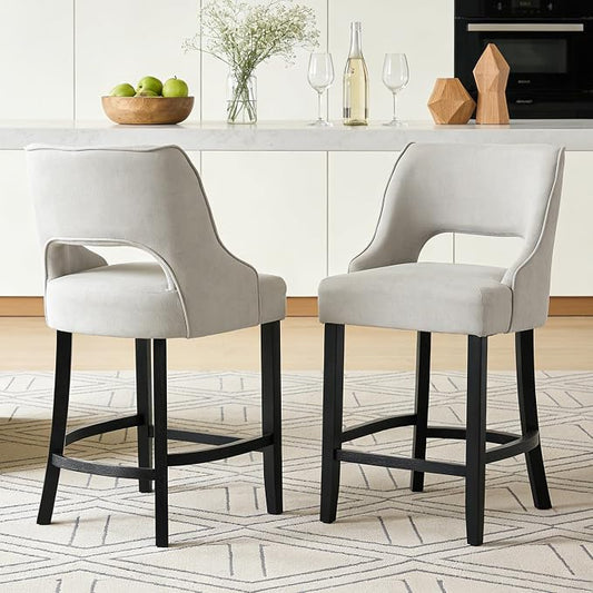 ClinQ Bar Stools Set of 2, 26" H Counter Height Bar Stools with Backs, Modern Upholstered Accent Barstools with Curved Footrest for Kitchen Island, Dining Room and Bar, Grey-Black Legs
