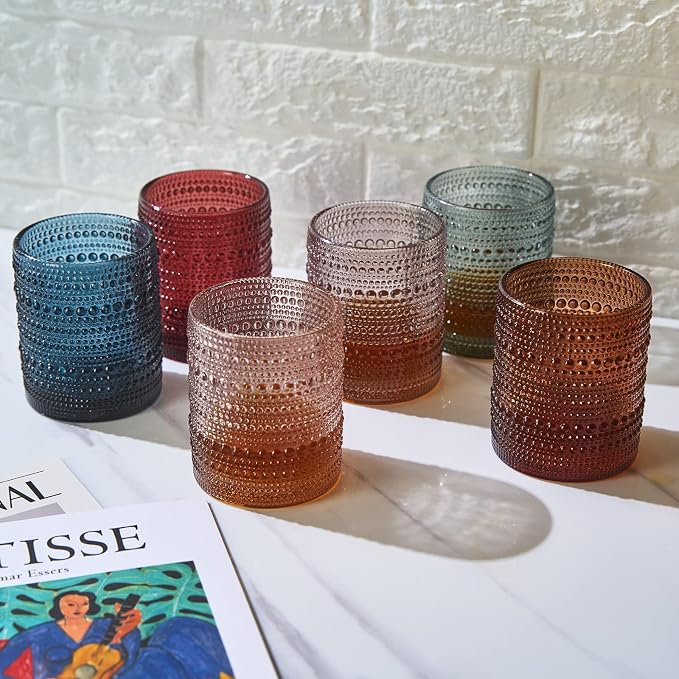 Sage Green Hobnail Drinking Tumbler | Set of 6 | 11 OZ Bubble Design Vintage Glassware, Beverage Glasses Bubble Water, Wine, Old Fashioned Cocktail, Whiskey Rocks Glass Cup, Elegant Glassware Gifts