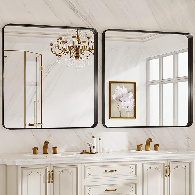 36 Inch Brushed Nickel Bathroom Mirrors for Over Sink, Rounded Rectangle Black Vanity Mirror, Farmhouse Mirror for Wall, HD Tempered Glass, Anti-Rust Mirror,Hangs Horizontally or Vertically