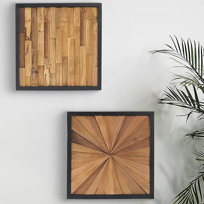 Greenage Teak Wood Wall Decor 16.9"x16.9" Farmhouse Slender Strip Pattern Rustic Natural Wood Wall Art Hanging Decoration Textured Wooden Frame Wall Panel for Home Living Room Bedroom