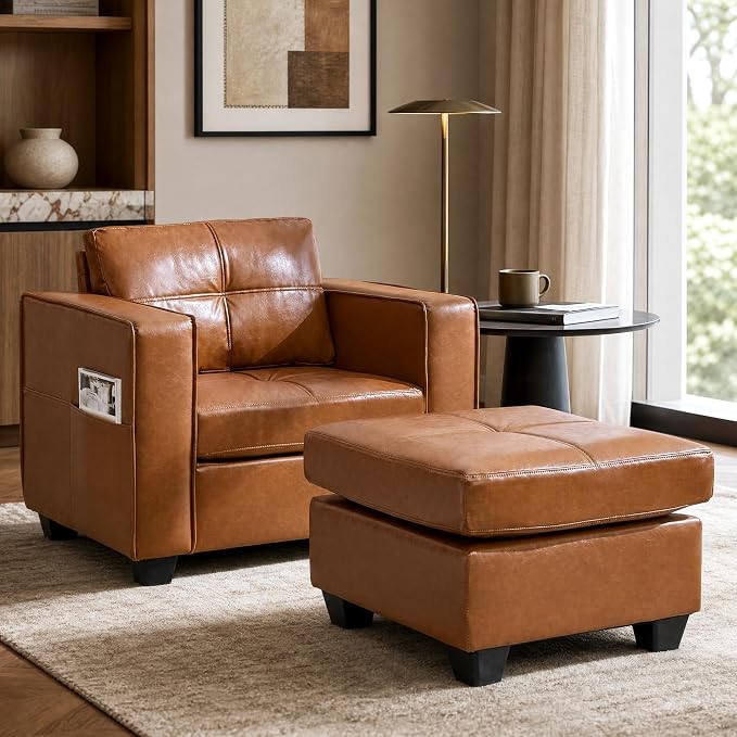 TYBOATLE Oversized Accent Chair with Ottoman, Wide Chaise Lounge Chair Indoor, Mid-Century Modern Armchair with Pockets, Leather Comfy Chairs for Bedroom, Living Room, Office