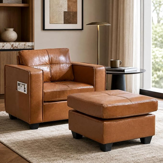 TYBOATLE Oversized Accent Chair with Ottoman, Wide Chaise Lounge Chair Indoor, Mid-Century Modern Armchair with Pockets, Leather Comfy Chairs for Bedroom, Living Room, Office
