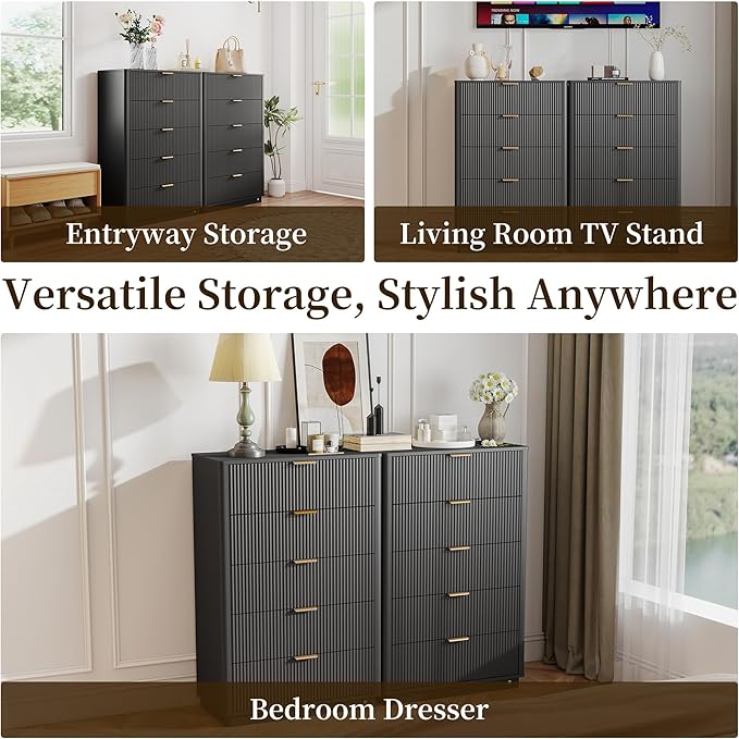 Fluted Dresser for Bedroom with 5 Drawers, 31.5" Wide Modern Chest of Drawers with Lighting, Wooden Dresser TV Stand with Curved Edges, Closet Organizer for Living Room, Hallway,Black
