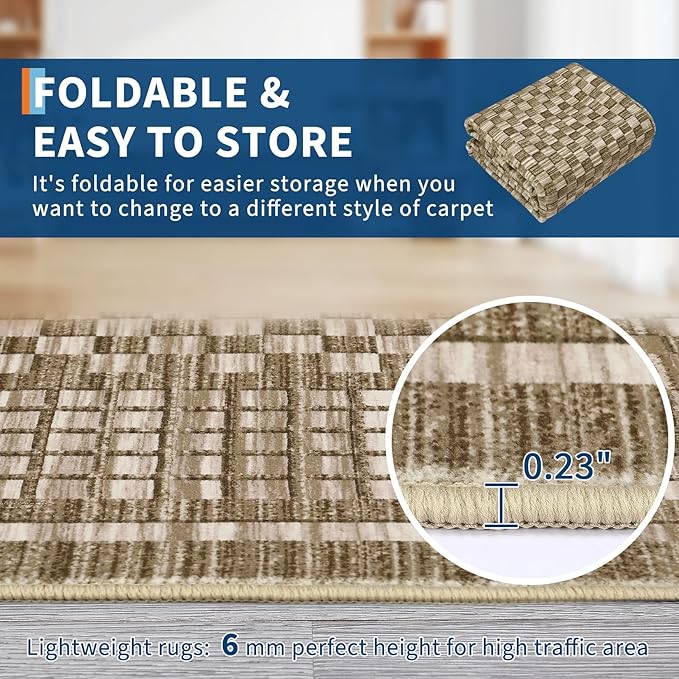 Modern Rug 8x10 Area Rugs for Living Room Washable Bedroom Rug Geometric Checkered Large Area Rug Soft Non Slip Throw Rugs Low Pile Stain Resistant Carpet for Office Dining Room 8'x10' Brown
