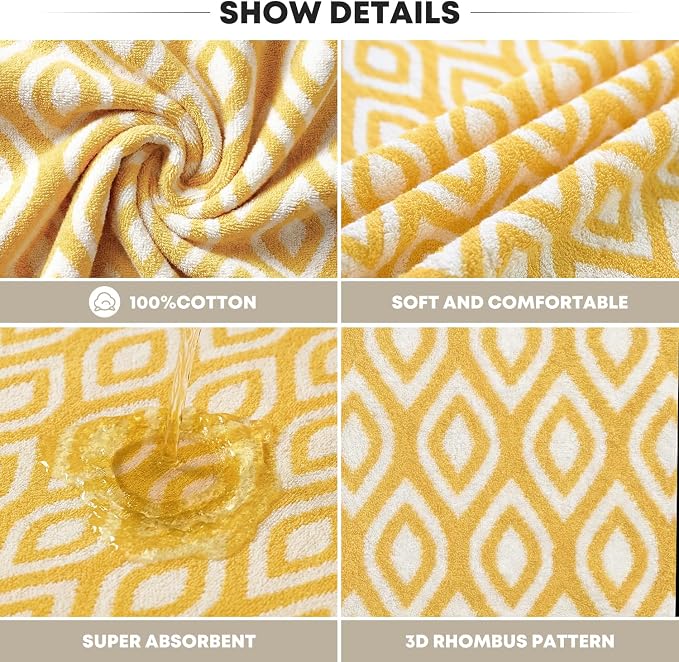 Artoid Mode 2 Pcs Beige Yellow Diamond Grid Jacquard Hand Towels for Bathroom, 100% Cotton Soft Absorbent Bathroom Decor Towels, 13.7 x 29.5 Inch