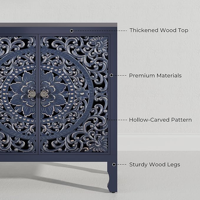 Buffet Cabinet with Storage, Accent Cabinet with 4 Carved Doors, Solid Wood Sideboard with Adjustable Shelf, Vintage Cabinets for Kitchen, Living Room, Entryway, Blue