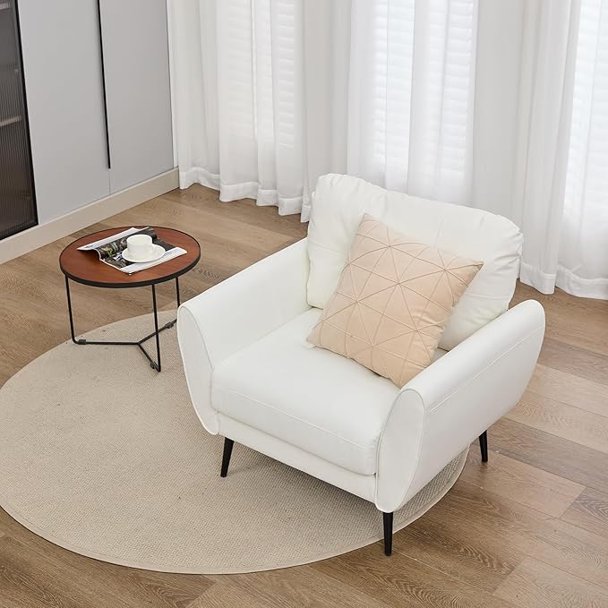 TYBOATLE Accent Chair Comfy Modern Living Room Chair White Leather Reading Accent Chairs Tufted Mid Century Moden Arm Chair Small Salon Chair for Office Bedroom (1, White)